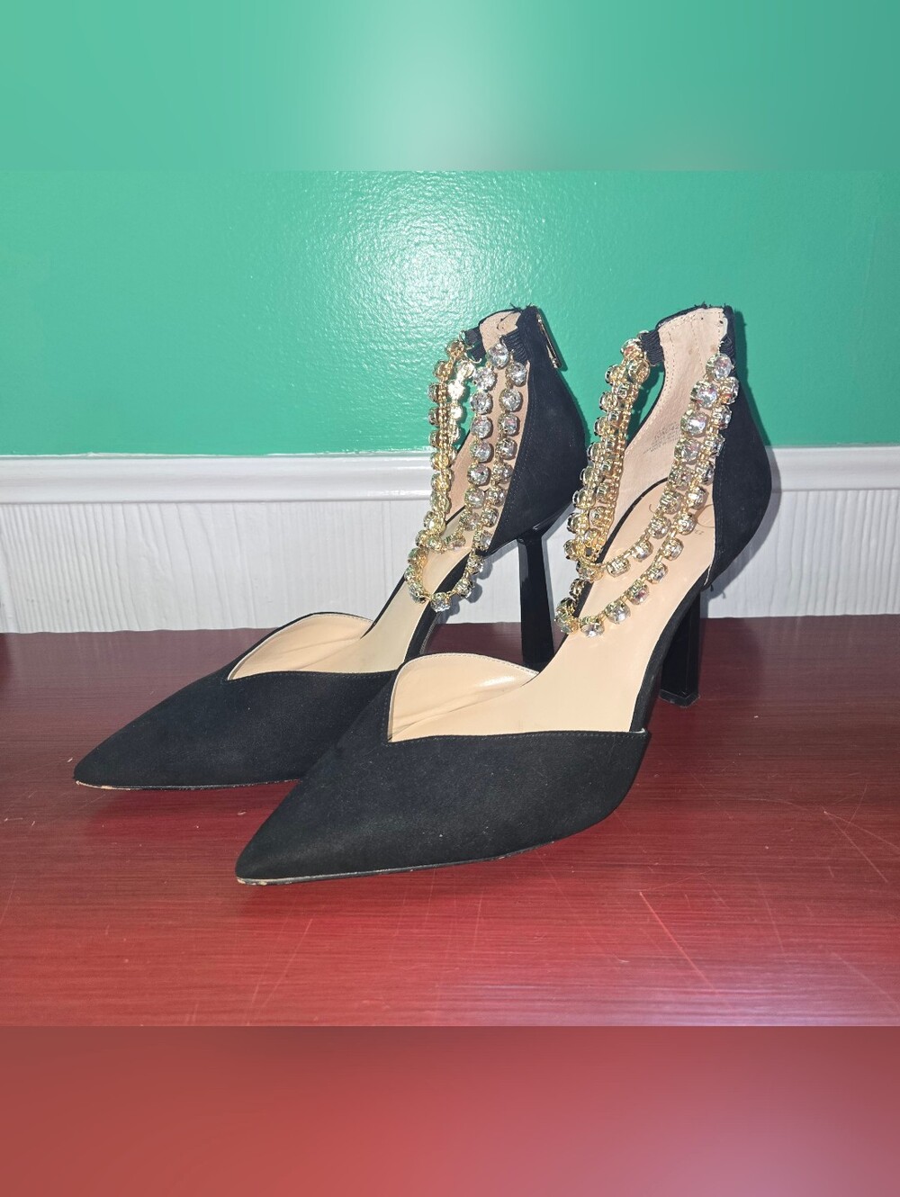 J Lo Norna Pointed Toe Draped Multi Strand Ankle Chain Stiletto Heel Sz 10